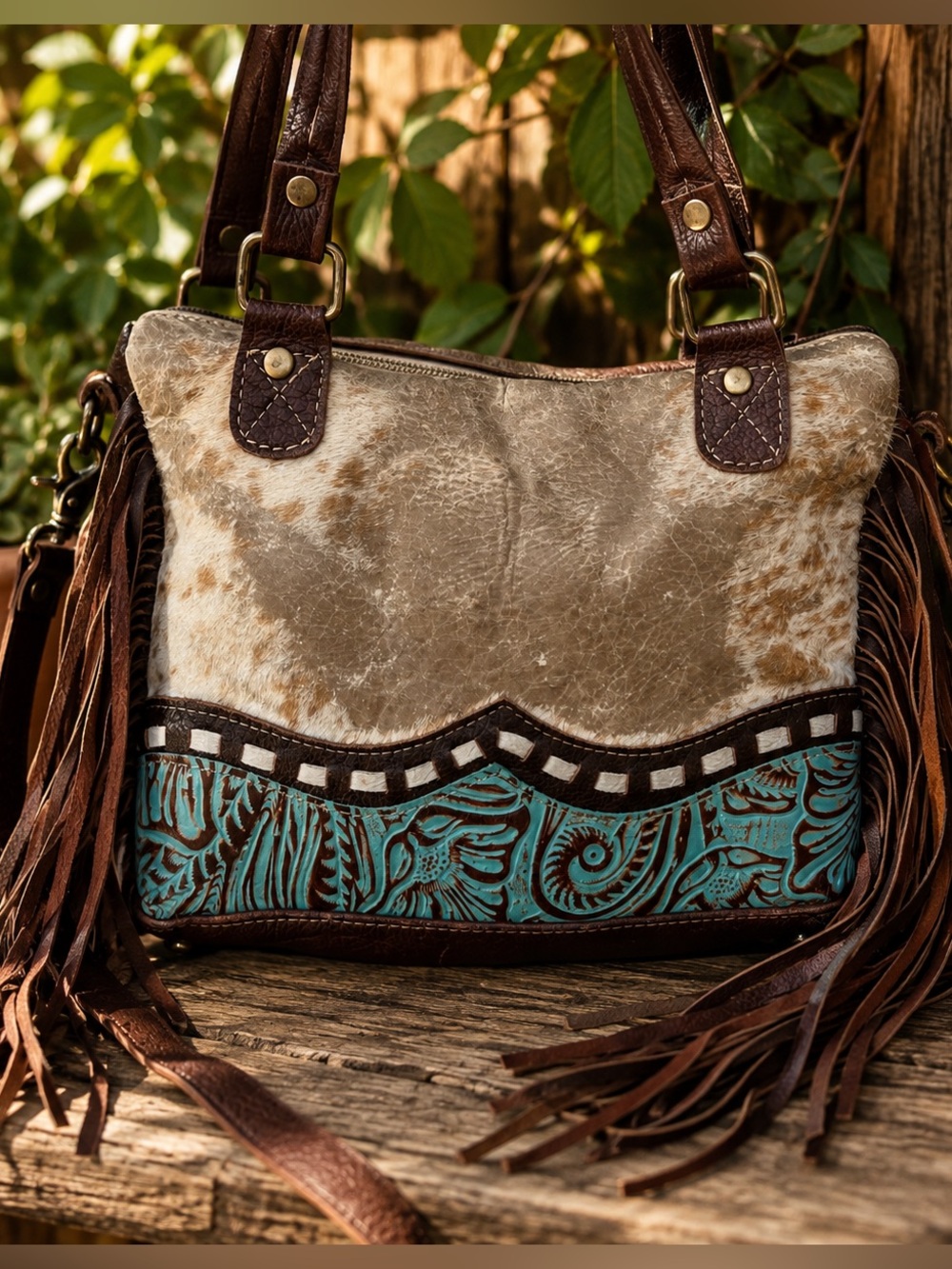 Myra Fringe Western Cowhide Bag Leather Boho Rodeo Statement Crossbody Tooled